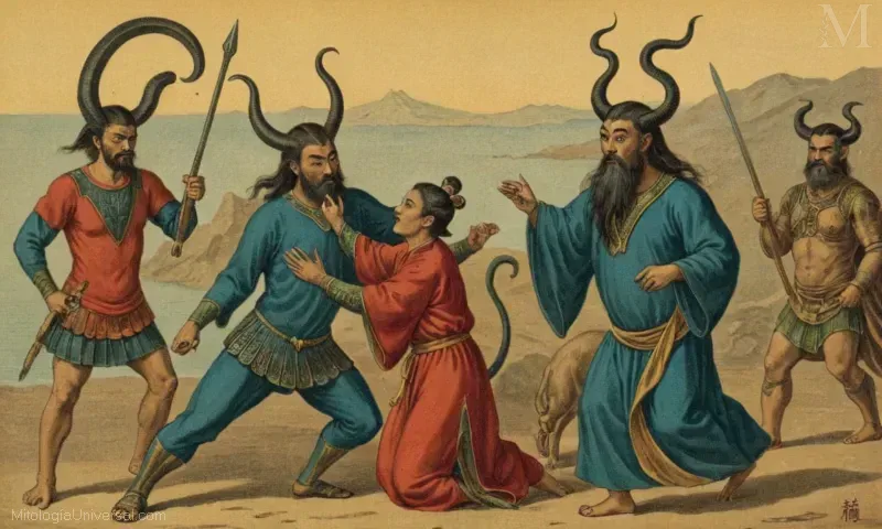 Vintage ilustración representando mitología Criaturas chinas como Shen y el caos. El término Demonios es español para los demonios, reflejando la influencia cultural fuente en la ilustración.