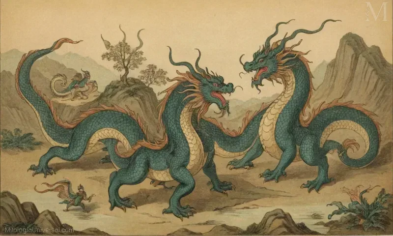 Vintage ilustración de dragones del folclore chino, representando el poder y la armonía con criaturas míticas.