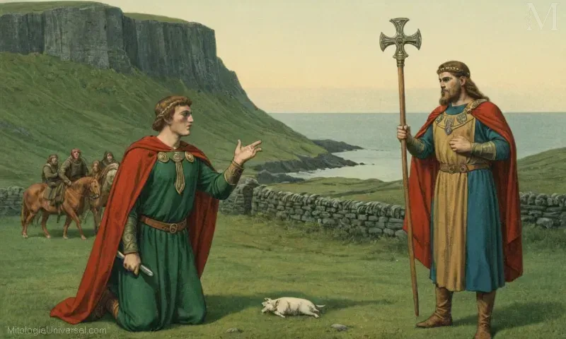 Vintage ilustración folklórica irlandesa del legendario héroe Cú Chulainn y sus obras.