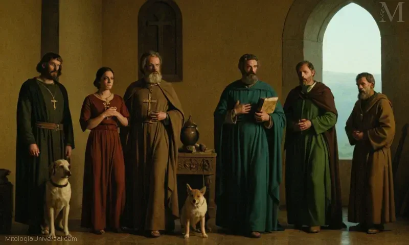 Ilustración vintage de la legendaria batalla irlandesa contra los monstruos Balor y los Fomors.