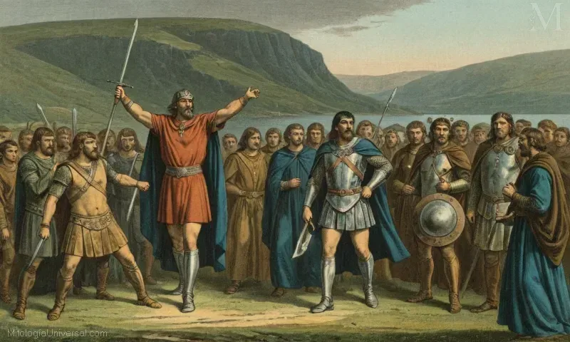 Vintage ilustración de Orígenes y Cú Chulainn de la leyenda irlandesa, representando sus respectivos roles como figuras heroicas en el Ciclo Ulster de la mitología irlandesa.