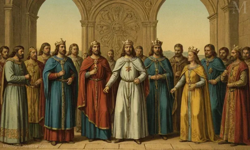 Ilustración vintage con reyes celestiales con sus significados y poderes simbólicos de iconografía y representaciones en la España medieval.
