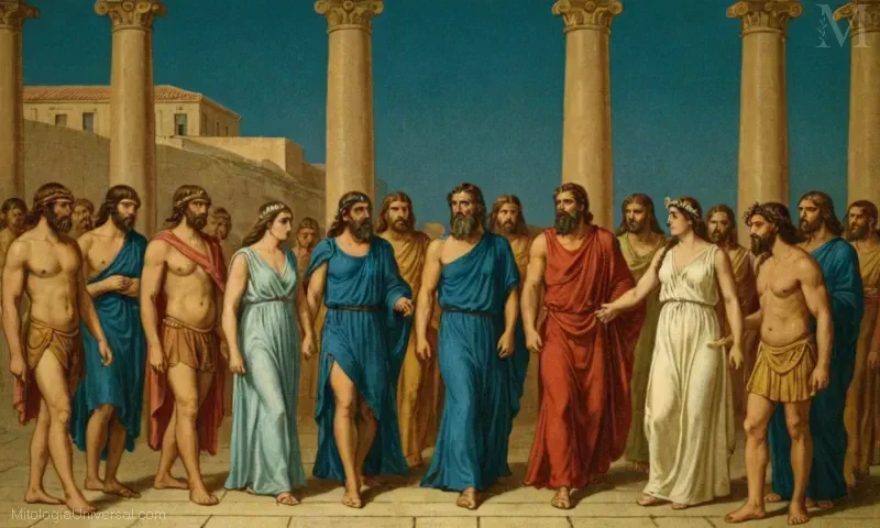 Imagen vintage de El Mito de Zeus y los Curetes de Curas Griegas, representando dioses, mitos y cultos de la mitología griega.