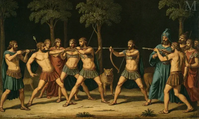 Ilustración Vintage representando El Culto de los Curetes (Hunters) a Través de la Historia de Curas Griayas (Corte de Cazadores en la Historia de Artemis griego). Muestra dioses, mitos y rituales culturales de la antigua Grecia.