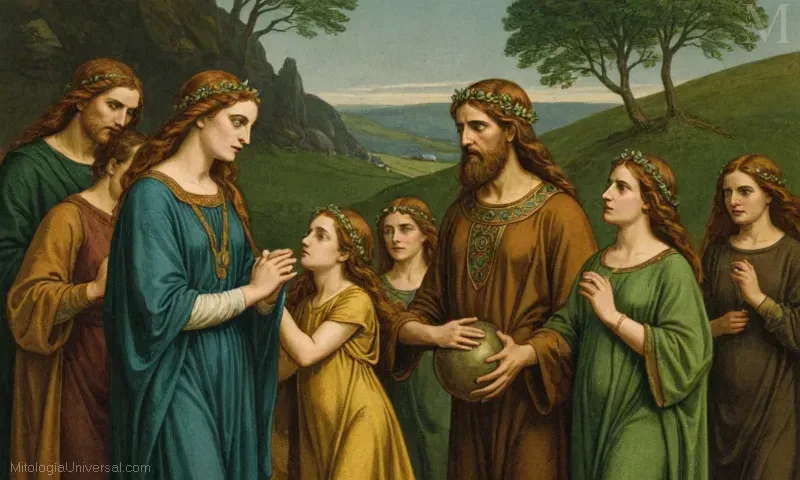 Ilustración de Orígenes (Orígenes Santo), figura en la evolución de la mitología irlandesa y Danu, la diosa de Irlanda. Simbolizando el poder sagrado a través del arte.