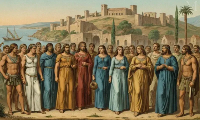 Ilustración para El Legado de Danaids de Danaeoideas - un relato de historia y leyendas originarias de la ciudad de Argos. La imagen incorpora una ilustración estilizada de elementos argoticos, probablemente representando personas o hitos de la historia y mitología de Argos y su región circundante.