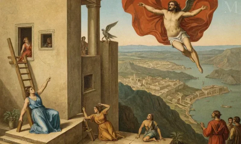 Ilustración vintage del Primitivista mostrando a Icarus cayendo de la escalera de la vida para el arte y el mito. La pintura refleja las mitologías culturales y su papel en la configuración de nuestra identidad. Título: Laberinto, Arte y MitoArtista: DesconocidoPaís: México (Basado en estilo de la obra)Año: mediados del siglo XXLa Huida con Icaro de Daedalus, traducción al inglés significa Icaruss Vuelo con Ida por Daedalus. Daedalus creó un traje para Icarus para que pudiera escapar de Creta después de asesinar a su padre, el rey Laius, y tomar su trono. La obra representa este acontecimiento épico de la mitología griega.