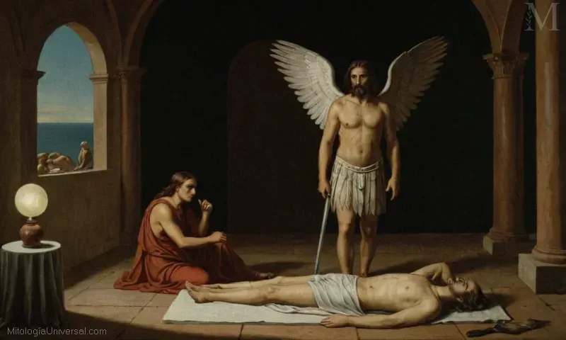 Ilustración de Las Alas y la Muerte de Icaro de Daedalus, que se traduce en Icaruss Feathers y la Afterlife de Icarus de Daedalus, explorando la interacción entre arte, mito y cultura.