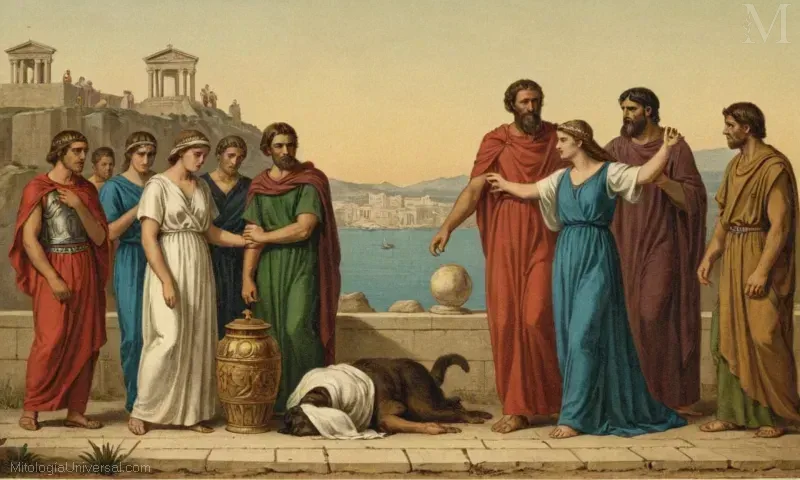 Cubierta de libro ilustrada Vintage con El trágico destino de Demophon: Historia y leyendas de Atenas. Este título se refiere a una cuenta compilada por el historiador ateniense Thukydrates que cubre las vidas y hechos de figuras atenienses notables, incluyendo Demophon.