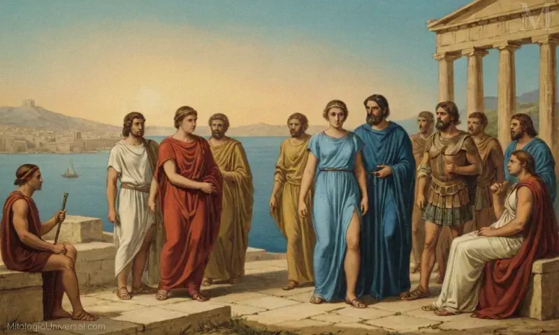 Ilustración con figuras históricas y legendarias de Atenas en la mitología griega relacionada con el conflicto con Ménesis the Young.