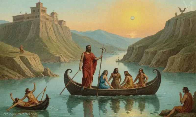Ilustración vintage de demonios con referencia a la mitología griega (posiblemente representando a Charon transbordando las almas a través del río Estigia). Este pasaje discute la influencia de la antigua demonología griega en el arte y la cultura.