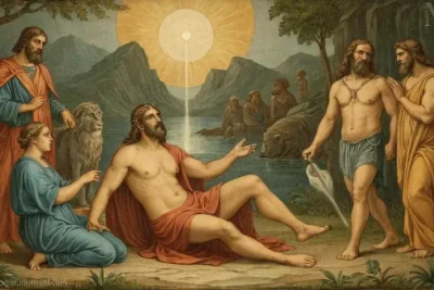 Ilustración del deucalión de la mitología griega representando la fertilidad y la creación junto a Mito y Noé.