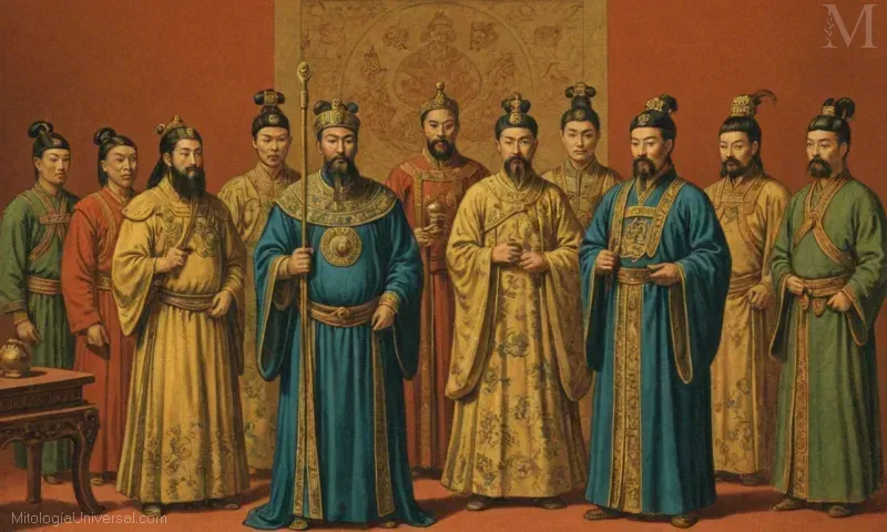 Obras de arte vintage con el emperador Di Jin y sus diez generales de la mitología china, conocida como El Caos y la Destrucción de Di Jun o El Imperio y sus Diez Soles.