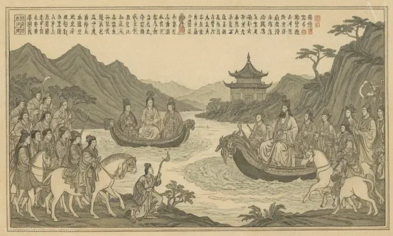 Ilustración de La Creación de los Diez Soles de Di Jun, Emperador de Andalucía durante la Edad Dorada Islámica, representado junto con sus diez simbólicas zapatos dorados. Esto simboliza su importancia en un período en que el comercio entre España y el norte de África estaba floreciendo, y la conexión con elementos culturales islámicos y españoles. El concepto de Diez Soles se refiere a las preciosas trece suelas de oro que llevaba como signo de estatus real.