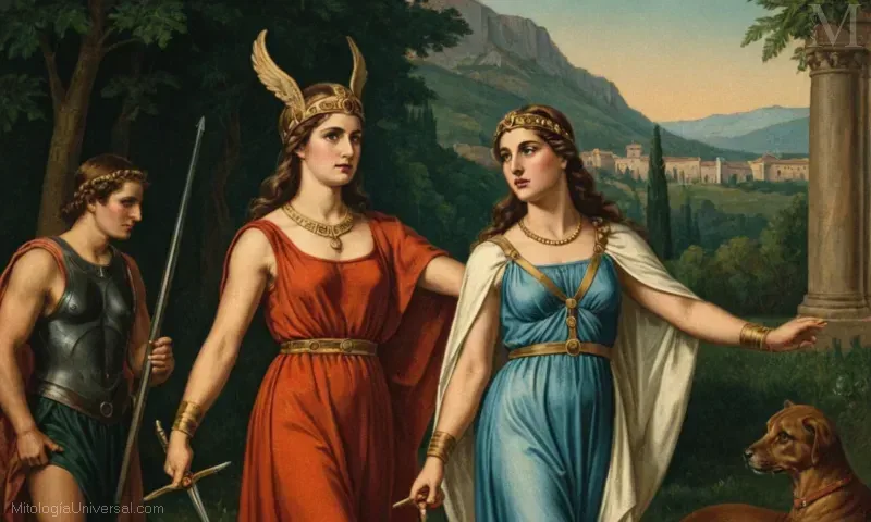 Ilustración vintage de La Diana, diosa romana de la caza y protección casera.