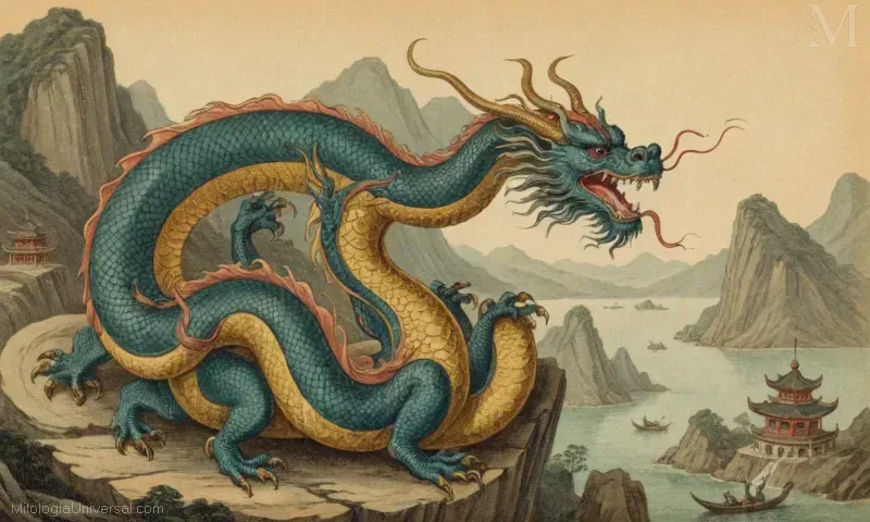Imagen vintage de Dilong, un dragón legendario chino con características físicas distintivas y apariencia distinta.