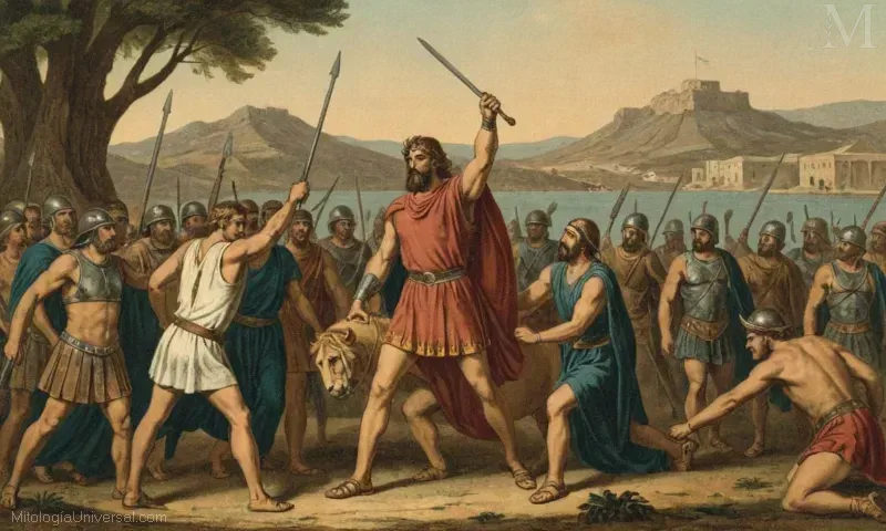 Vintage ilustración de Diomedes el dios mitológico griego que participó en la guerra de Iliad. Esta participación puede interpretarse como una metáfora para la adaptabilidad y la lucha por la supervivencia en la guerra.