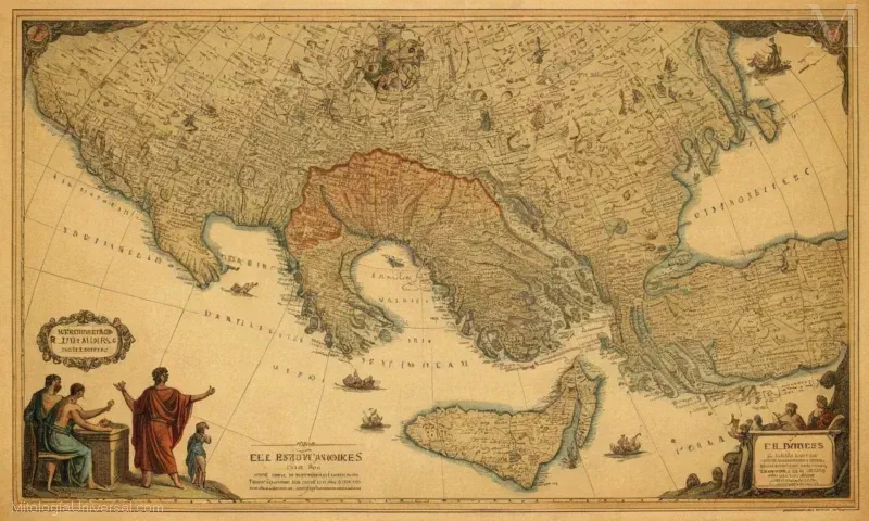 Mapa Vintage de la mitología griega que ilustra El Destino Final (Diomedes) y su legado.