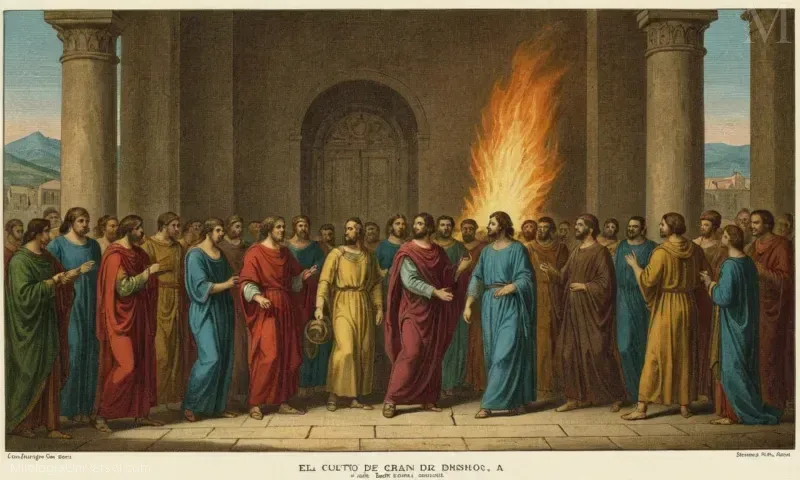 Grabado vintage capturando El Culto de Dioniso en la Égara de Dionisio, el culto de Dionisio en Egara Dionysus, dios del vino y el teatro.