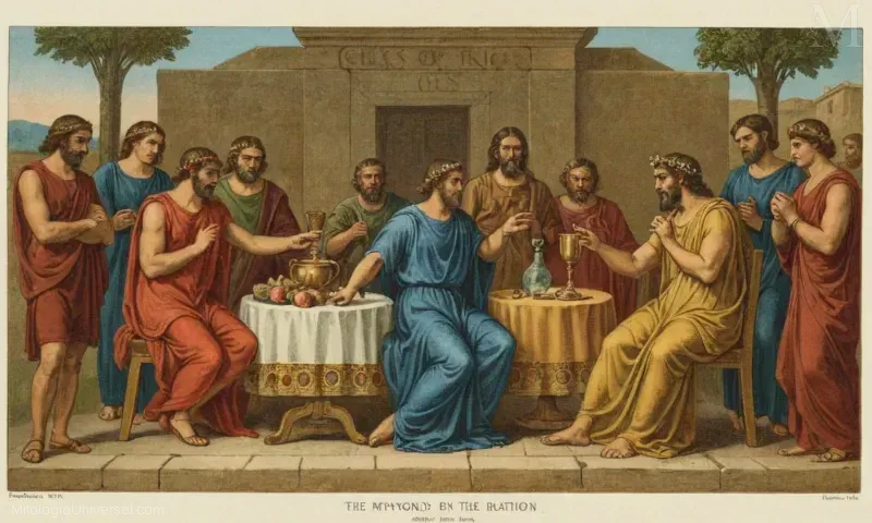 Ilustración vintage con Dionysus, dios del vino y el teatro. Representa el equilibrio entre irracionalidad y racionalidad, espontaneidad y contemplación en las prácticas religiosas y culturales en diversas civilizaciones, incluyendo griego, romano, francés, italiano y latín. Esta breve imagen también puede encarnar elementos como la música, la danza, las expresiones artísticas y el placer buscando asociado con su carácter mitológico.