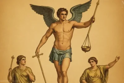 Ilustración vintage de Dios (Hermes) representando al mensajero divino y el símbolo griego.