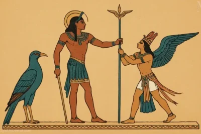 Ilustración Vintage de Dios Horus en la antigua mitología egipcia con su simbolismo de aves icónicas y significado espiritual como el protector de la realeza. Explore las raíces culturales " significación detrás de esta figura prominente.