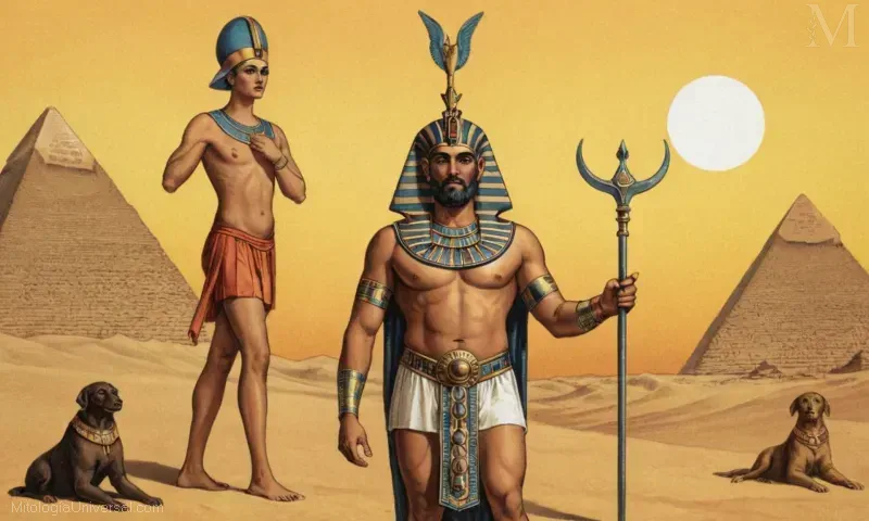 Ilustración vintage con dios egipcio del poder, Ra, junto con representaciones artísticas del Sol para simbolizar su poder. Esta pieza explora elementos religiosos y creativos en la antigua cosmovisión mitológica de Egipto.