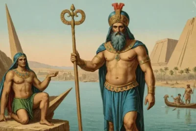 Ilustración vintage de la Deidad Mesopotamiana Sobek como se describe en la Mitología griega representando la fertilidad y el dios del río Nilo.