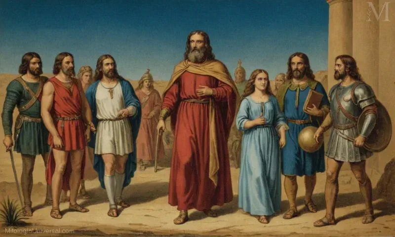 Participación en guerras clave como Vadir (Dios de la Guerra) en la historia de la mitología nórdica. La ilustración incluye una imagen llamativa de un guerrero con arma, presumiblemente combatiendo algún tipo de batalla o concurso.