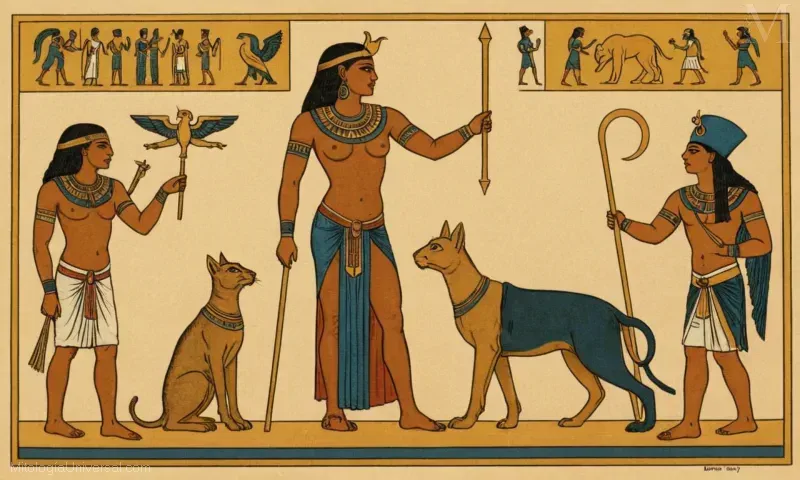 Mapa ilustrado que muestra representaciones e iconografía de la deidad Bast en la historia egipcia antigua. Ilustra su papel como protector de Egipto.
