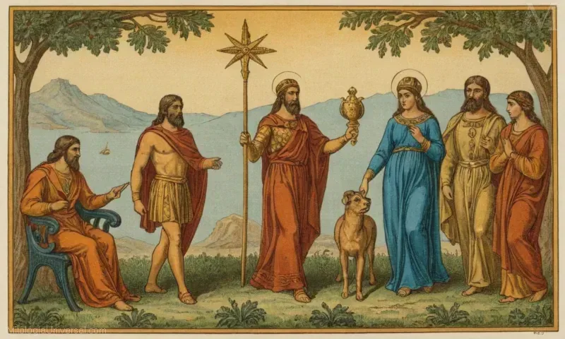 Ilustración vintage que representa a gemelos, Dioscu y su hermano Deimos, como figuras significativas en la mitología griega. Su importancia reside en su papel en la fundación de la ciudad de Corinto y ser los primeros cicloides (dioses masculinos).
