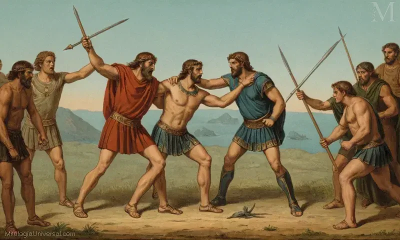 Ilustración que representa a dos hermanos luchando contra gigantes en el mito de Dioscores, representando leyenda y significado en la antigua cultura griega.