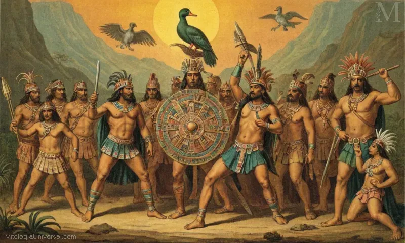 Ilustración vintage que representa los mitos de creación de las culturas azteca y nahuatl. La Creación del Mundo y la Cosmovisión Náhuatl de Dioses Aztecas – ilustra los orígenes comunes de las historias de creación en las culturas tradicionales aztecas y nahuatl, destacando sus respectivas deidades responsables de la configuración inicial. La ilustración muestra dioses, incluyendo Huitzilopochtli (Dios de la Luz Azteca) " Quetzalcoatl (una figura híbrida de mierda pluma que representa la sabiduría), estableciendo un entendimiento cultural más amplio que une estas civilizaciones antiguas dentro del mismo marco mitológico. Esta breve descripción también introduce la importancia del análisis comparativo, reconociendo cómo historias de creación similares pueden enriquecer los estudios históricos y culturales.