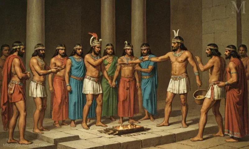 Ilustración vintage de un sacrificio ritual de dioses aztecas y ofrenda. Este libro de la Mitopía explora cultos sacrificiales en la antigua religión mesoamericana.