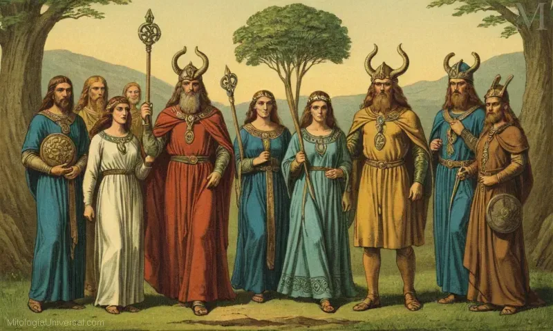 Imagen vintage con deidades celtas y leyendas. Este libro explora la mitología celta y las leyendas a través de ilustraciones.