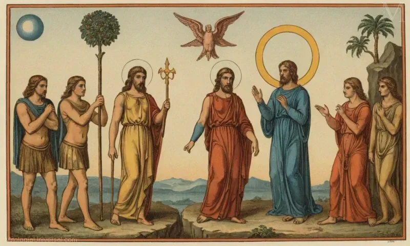 Ilustración vintage con símbolos místicos y cuerpos celestes que representan el Juicio de Almas de Dios de abajo, Mitos griegos. Nota: Este término es probablemente una mala interpretación, ya que no hay ninguna fuente o nombre particular para tal concepto en la mitología griega. La tarea aquí parece más como referencia de dibujo de arte mitológico en lugar de explicar un nombre o texto específico de los mitos griegos antiguos.