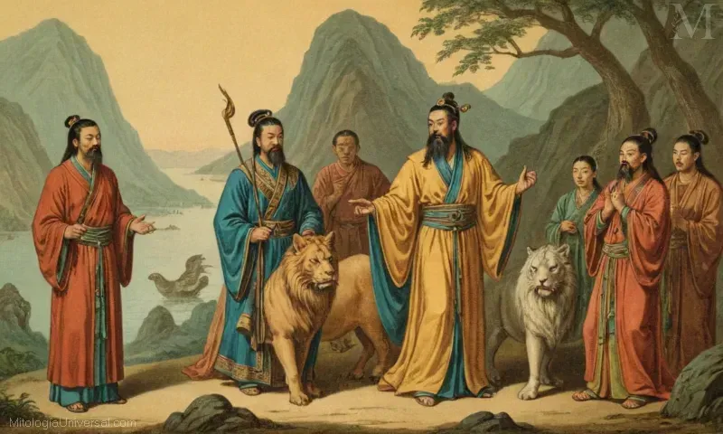 Ilustración de dioses inmortales chinos y su historia/cultura creencia.