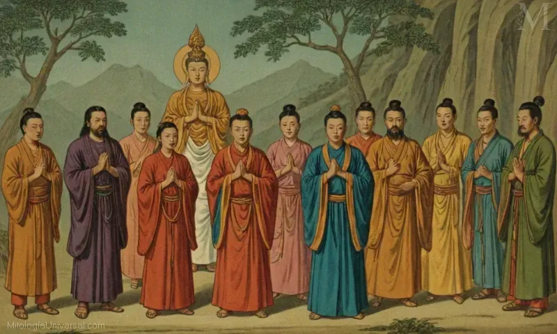 Ilustración vintage de creencias budistas en la reencarnación de dioses e inmortales de la mitología china.