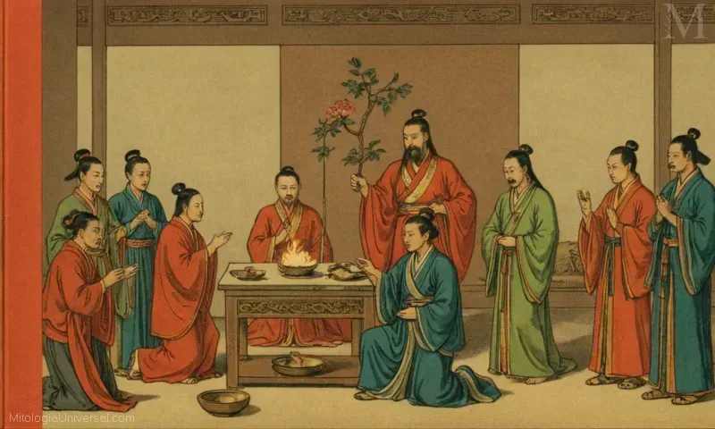 Ilustración vintage del culto ritual en la antigua mitología china para dioses e inmortales. Este libro cuenta sobre la historia y las creencias detrás de esta práctica ritual en China.