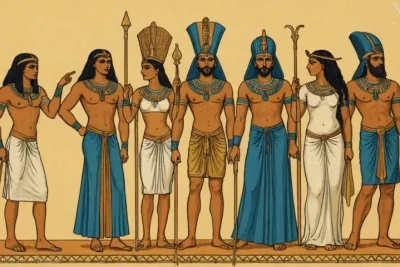 Ilustración de dioses egipcios y diosas que retratan sus historias mitológicas en antiguas formas de literatura y arte de Egipto.