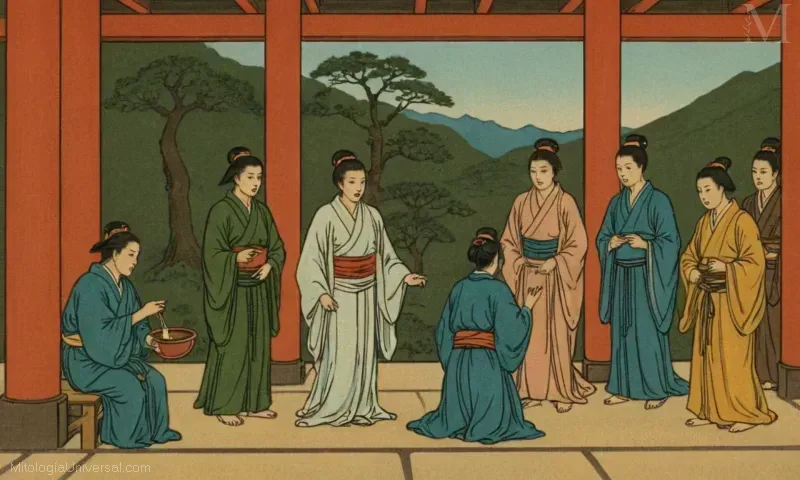 Ilustración vintage de rituales y templos Shinto dedicados a deidades japonesas, mostrando mitos y leyendas.