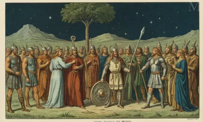 Vintage ilustración de las relaciones entre dioses en la mitología nórdica y leyenda.