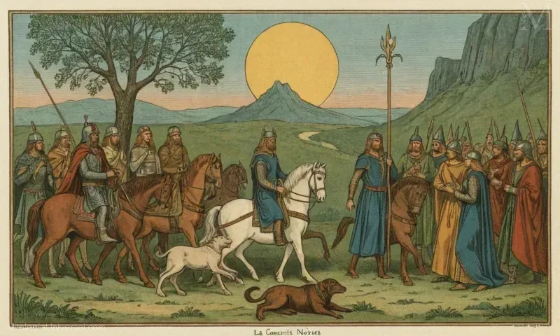 Ilustración de El Fin del Mundo de Dioses Nórdicos, representando criaturas míticas y cuentos del panteón de Norse.