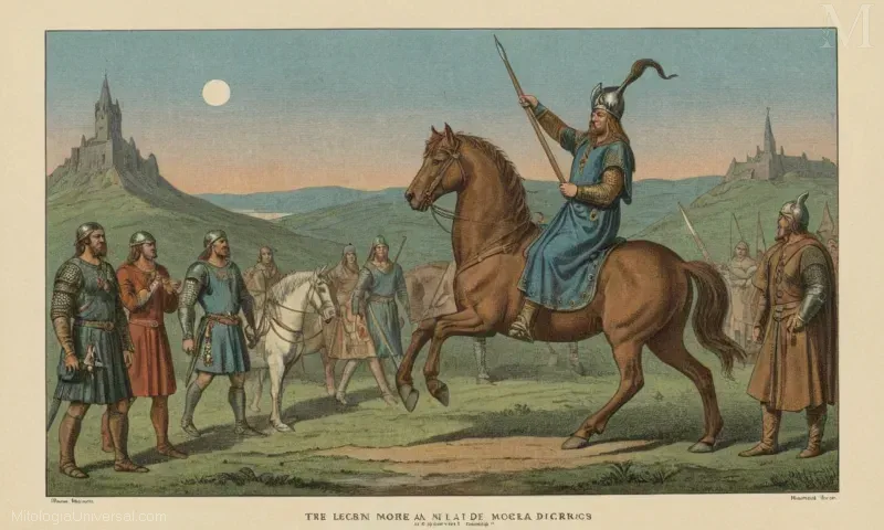 Vintage ilustración Mitologías nórdicas historias principales con figuras similares a Dios.