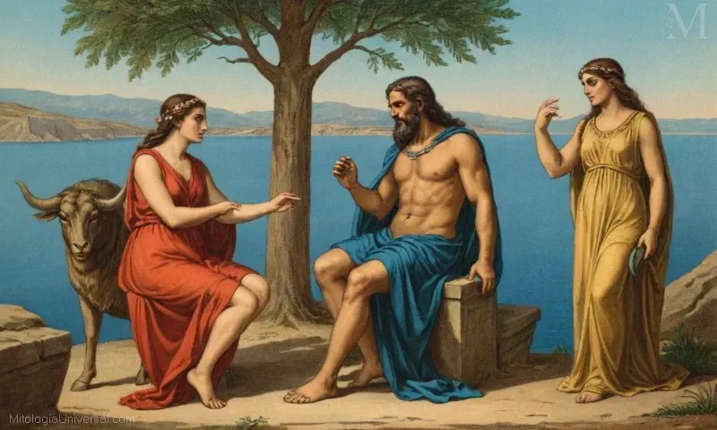 Ilustración vintage de Cronos y Rhea de los dioses primordiales en la mitología griega.