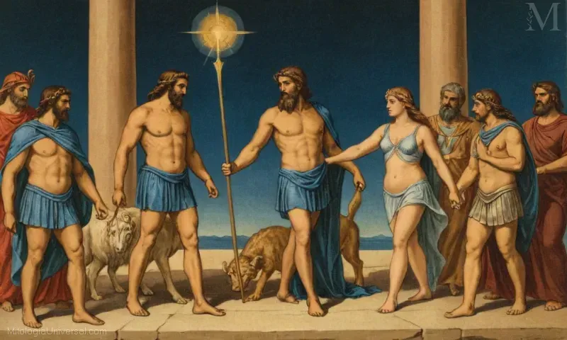 Imagen vintage con los nueve titanes de la mitología griega, incluyendo Océano, Tétis, Crión, Iáis, Mnemosyne, Febe, Helios y Selene. Representando las historias de origen de estos dioses de las deidades primordiales en la Mitología Griega Antigua.