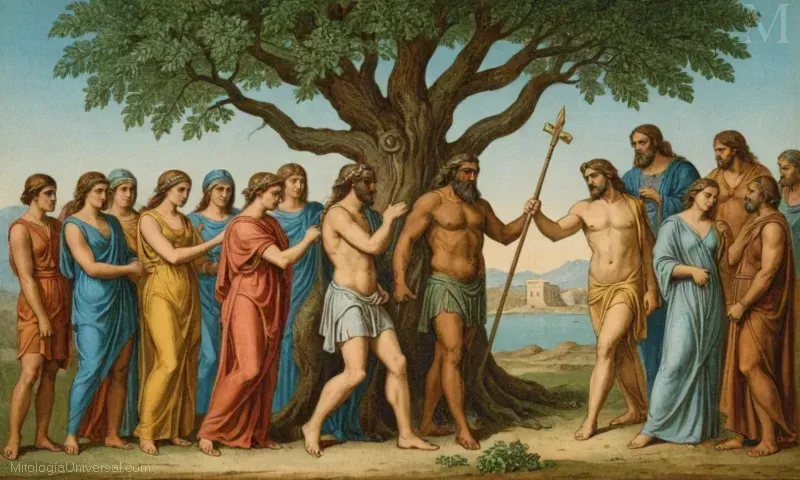 Ilustración vintage de Zeus y Hera de la mitología griega primordial de Dios - originando el orden de la naturaleza.