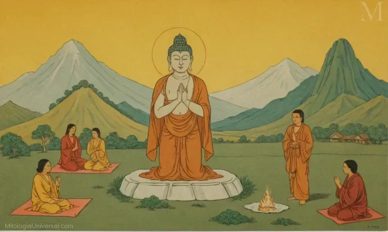 Imagen vintage de la Bodhisatva ( nen budista de tercera generación), Jizo, y salvación en una obra de arte abstracta que representa El Puente de Cristal y la Purificación de los Narakas de Dizang: El Camino de Viaje. Esto describe el concepto de peregrinación espiritual como un camino hacia la iluminación y liberación del sufrimiento.