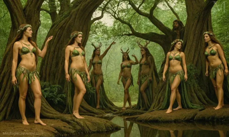 Ilustración de relatos míticos de secas y hamadríadas con representaciones artísticas del folclore. Estas historias representan seres de la naturaleza responsables de mantener la vida en los sistemas vivientes del mundo.