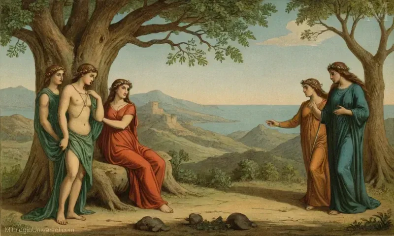 Imagen vintage de dos seres de la naturaleza: Hamadríadas (El árbol del alma de Dríadas) y Hamadríadas. Esta es una leyenda/mitología griega sobre el amor / fertilidad que está arraigada en el simbolismo de árboles y raíces.